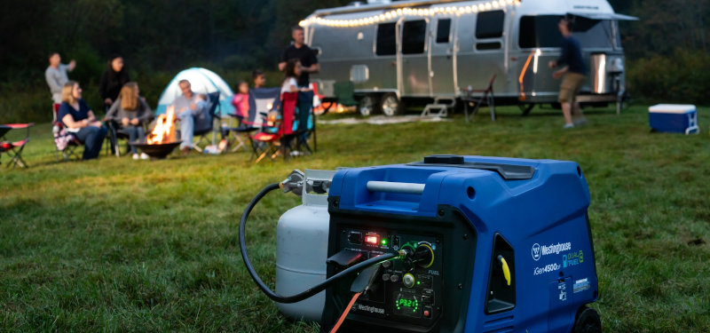 Diagram illustrating generator placement and power connection for RV camping
