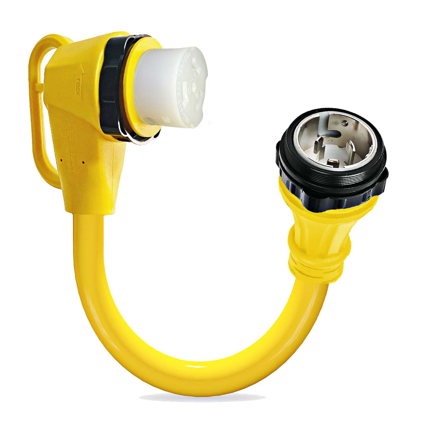 RV power adapter connecting an RV power cord to a campground electrical pedestal