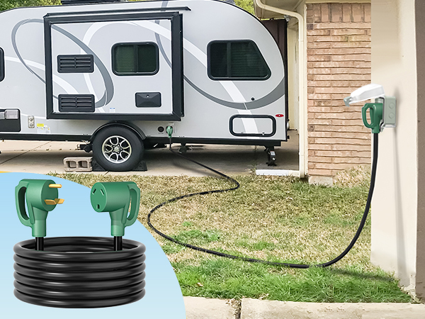 RV shore power extension cord connected between campground pedestal and RV